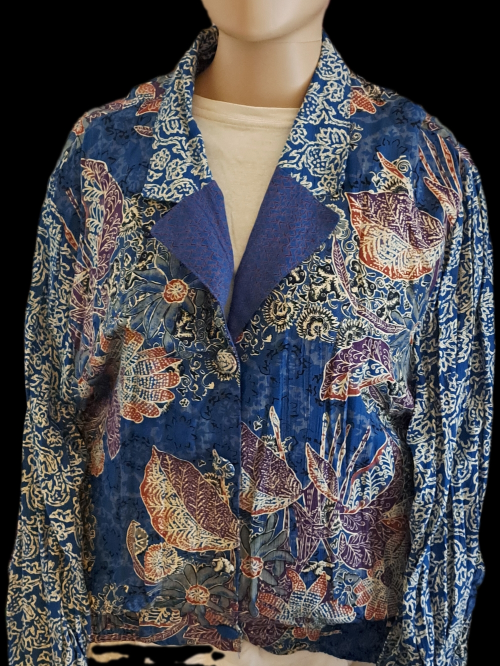 Carole Little Blue Floral Button-Front Collared Over Shirt with Purple Trim
